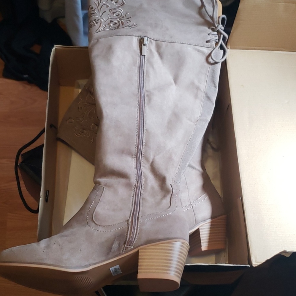 Tan, embroidered thigh high boots